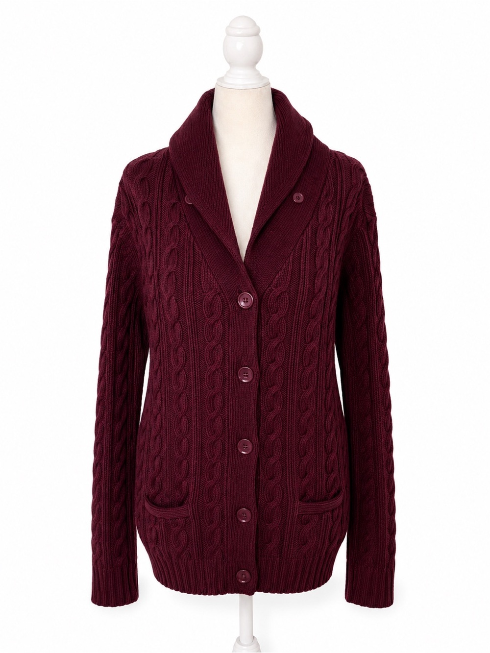 Tommy Hilfiger Cable Knit Cardigan Sweater Burgundy Shawl Collar Women’s Large